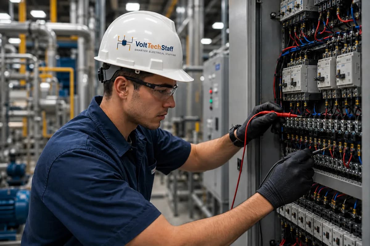 VoltTechStaff technician servicing a data center switchgear panel